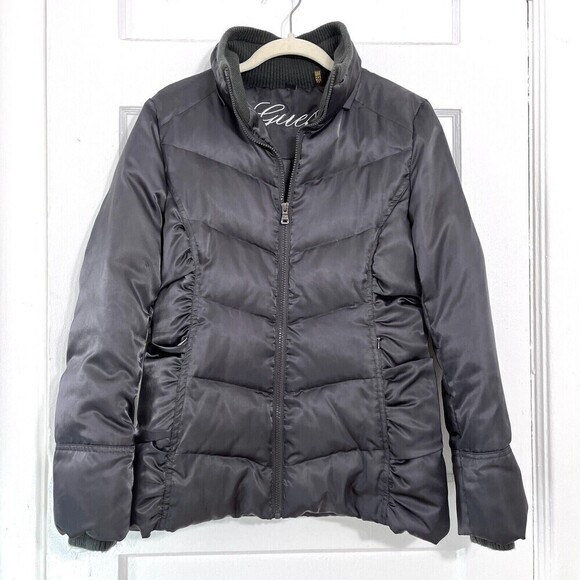 Guess Womens Down Puffer Jacket Medium M Grey Down Feather Filler Streetwear - Picture 1 of 15